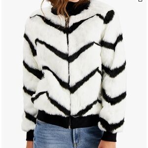 Say What? Womens Chevron-Printed Faux-Fur Bomber Jacket